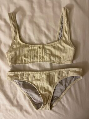 Solid and Striped Ribbed Two-Piece Bikini Set in Pale Yellow